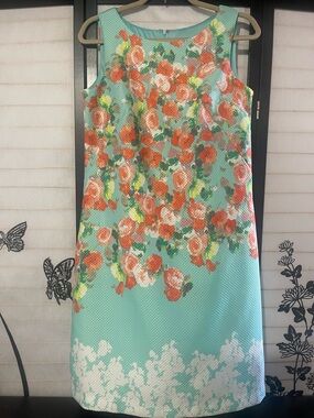 Donna Ricco Aqua‎ Floral Sheath Dress with Coral and White Blooms